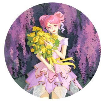 1girl bare_arms bare_shoulders bener56949 border bouquet bow camellia chinese_commentary collarbone colored_tips commentary_request cowboy_shot dress drill_hair flower happy highres holding holding_bouquet infinity_nikki lace lace-trimmed_dress lace_trim looking_at_viewer multicolored_hair nikki_(series) no_headwear off-shoulder_dress off_shoulder open_mouth outdoors pink_dress pink_eyes pink_hair purple_dress purple_flower purple_hair round_border short_dress short_hair short_sleeves short_twintails sidelocks smile solo standing starlit_celebration_(infinity_nikki) swept_bangs twin_drills twintails two-tone_dress two-tone_hair white_border wisteria yellow_bow yellow_flower