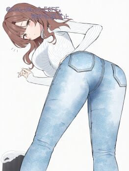 1girl adversarial_noise ass ass_focus bent_over blue_pants bluesky_username blush breasts brown_eyes brown_hair casual closed_mouth commentary copyright_notice curled_fingers denim expressionless feet_out_of_frame fingernails from_below hair_intakes half-closed_eyes hand_on_own_hip highres jeans large_breasts legs_apart long_sleeves looking_at_viewer looking_down medium_hair notice_lines original pants pocket ribbed_sweater simple_background sleeves_past_wrists solo standing sweater trash_can turtleneck turtleneck_sweater wavy_hair white_background white_sweater yamano_rokamizu