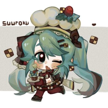 1girl artist_name brown_shoes cake chef_hat chibi cookie dot_nose dress eyelashes fang food fruit green_eyes green_hair hair_ornament hairclip hat hatsune_miku holding holding_plate long_hair looking_at_viewer makeup multicolored_hair one_eye_closed open_mouth pantyhose plate rouge_(makeup) shoes short_eyebrows short_sleeves solo square strawberry streaked_hair suuroku twintails vocaloid