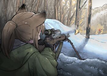 1girl absurdres animal_ears bird black_gloves blood facing_away firing forest fox_ears fox_girl_(yihan_world) gloves green_jacket highres hood hood_down hooded_jacket hunting jacket looking_through_scope m21 nature original outdoors ponytail rabbit scope snow solo tree winter yihan_world