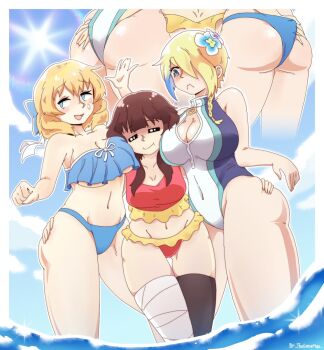 3girls between_breasts bikini blonde_hair blue_bikini breasts claire_(konosuba) embarrassed grabbing_another's_ass groping head_between_breasts highres ivan_the_goose kono_subarashii_sekai_ni_shukufuku_wo! large_breasts megumin multiple_girls one-piece_swimsuit rain_(konosuba) red_bikini short_hair short_hair_with_long_locks swimsuit thighhighs