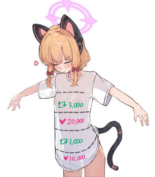 1girl anger_vein animal_ear_headphones animal_ears blonde_hair blue_archive blush bottomless bow breasts cat_ear_headphones cat_ears cat_tail closed_eyes closed_mouth commentary covered_erect_nipples cowboy_shot dotted_line facing_down fake_animal_ears fake_tail hair_bow halo headphones highres long_sidelocks momoi_(blue_archive) naked_shirt naretsuro outstretched_arms oversized_clothes oversized_shirt pink_halo red_bow see-through_clothes see-through_shirt shirt short_hair short_sleeves sidelocks simple_background small_breasts solo spread_arms standing t-pose t-shirt tail text_print twitter_cutting_game twitter_strip_game v-shaped_eyebrows white_background white_shirt wide_sleeves