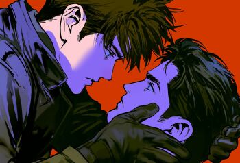 2boys batman_(series) black_gloves black_hair black_shirt blue_eyes bodysuit bruce_wayne closed_mouth dc_comics from_side ghksxodh gloves highres jason_todd long_sleeves looking_at_another male_focus multiple_boys muscular muscular_male profile red_hood_(dc) shirt short_hair simple_background upper_body