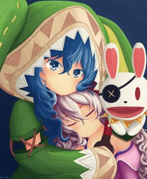 Rule 34 | 2girls, :<, absurdres, animal hood, azur lane, blue background, blue eyes, blue hair, closed eyes, closed mouth, date a live, dj1124, green hood, hair between eyes, hand puppet, highres, himekawa yoshino, hood, jacket, laffey (azur lane), long hair, long sleeves, looking at viewer, multiple girls, pink jacket, puppet, rabbit puppet, signature, simple background, sleeping, smile, upper body, white hair, yoshinon