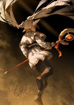 Rule 34 | 1girl, arkilide, belt, black belt, black pantyhose, boots, brown boots, capelet, earrings, elf, facing away, floating, floating hair, frieren, from behind, full body, gold trim, grey hair, highres, holding, holding staff, jacket, jewelry, long hair, pantyhose, pointy ears, shirt, signature, skirt, solo, sousou no frieren, staff, striped clothes, striped shirt, twintails, white capelet, white jacket, white skirt