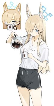 Rule 34 | 1girl, alternate costume, animal ear fluff, animal ears, black shorts, blonde hair, blue archive, blue eyes, blush, closed mouth, coffee, coffee mug, cup, dog ears, dog girl, drinking, hair over one eye, highres, holding, holding coffee pot, holding cup, kanna (blue archive), long hair, mug, pyytato, shirt, shorts, sidelocks, solo, white shirt