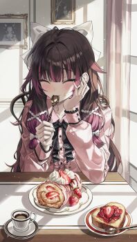 Rule 34 | 1girl, absurdres, alternate costume, black bow, black bowtie, blush, bow, bowtie, brown hair, cake, center frills, chair, closed eyes, coffee, collared shirt, columbina (genshin impact), commentary request, contemporary, cup, curtains, eating, elbow rest, food, frilled shirt, frills, fruit, genshin impact, gradient hair, hair bow, hand on own cheek, hand on own face, hand up, highres, holding, holding spoon, indoors, jirai kei, jjuha6, long hair, long sleeves, looking at viewer, multicolored hair, on chair, pink hair, pink shirt, plate, portrait (object), pov across table, saucer, shirt, sitting, solo, spoon, strawberry, sunlight, teacup, utensil in mouth, very long hair, white bow, window, window shadow