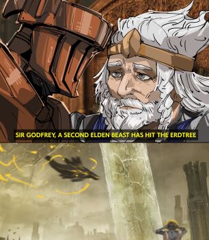 Rule 34 | 3boys, 9/11, a second plane has hit the x (meme), absurdres, beard, braid, brown sky, character request, commentary, crown, elden beast, elden ring, elden ring: shadow of the erdtree, english commentary, english text, erdtree (elden ring), facial hair, game screenshot background, godfrey first elden lord, goldmask (elden ring), grey eyes, helm, helmet, highres, knight, long hair, looking at another, meme, motion blur, multiple boys, neitheyagi, screenshot background, sky, twin braids, upper body, white hair