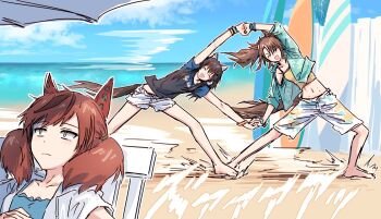 3girls ^^^ ^_^ animal_ears beach black_shirt blue_camisole blue_shirt blue_sky blue_streaks brown_hair camisole closed_eyes cloud collared_shirt commentary daitaku_helios_(umamusume) day ear_covers frown gradient_clothes gradient_shirt hawaiian_shirt holding_hands horse_ears horse_girl horse_tail jacket long_hair mejiro_palmer_(umamusume) midriff_peek motion_lines multicolored_hair multiple_girls navel nice_nature_(umamusume) open_clothes open_jacket open_shirt outdoors ponytail shirt short-sleeved_jacket short_shorts short_sleeves shorts sky speed_lines stomach streaked_hair surfboard t-shirt tail twintails umamusume unamused white_jacket white_shorts white_streaks yellow_camisole yellow_eyes yukitake_(bullfalk)
