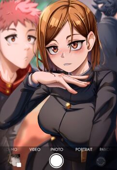 absurdres bad_link bad_tag black_hair blush breasts brown_eyes brown_hair dilan_griz fushiguro_megumi helmet highres itadori_yuuji jujutsu_kaisen kugisaki_nobara pink_hair short_hair