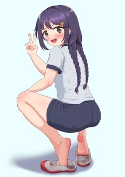 1girl ahoge artist_request ass black_eyes black_hair braid crease feet female_focus fingernails flat_chest from_behind full_body hair_between_eyes hair_ornament hairclip hand_on_own_knee hand_up happy highres idolmaster idolmaster_cinderella_girls knees legs long_hair looking_at_viewer looking_back matching_hair/eyes miyoshi_sana multiple_views open_mouth scan shirt shoes short_shorts short_sleeves shorts sidelocks simple_background soles sports_uniform sportswear squatting t-shirt tiptoes toes turnaround twin_braids v white_shirt white_shoes