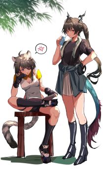 2girls ahoge alternate_costume anger_vein animal_ears arknights arknights:_endfield black_gloves black_hair black_shirt black_shorts blue_eyes book breasts chen_qianyu_(arknights) cleavage clothes_around_waist commentary_request dahurica dragon_girl dragon_horns dragon_tail drink_carton drinking_straw drinking_straw_in_mouth eyepatch figure_four_sitting full_body gloves gradient_hair grey_hair hair_between_eyes hand_on_own_hip highres holding holding_book holding_drink_carton holding_juice_box horns juice_box long_hair multicolored_hair multiple_girls nature one_eye_covered reading shirt shorts simple_background single_glove sitting skirt spoken_anger_vein standing sweat sweater sweater_around_waist tail tangtang_(arknights) tiger_ears tiger_girl tiger_tail towel towel_around_neck twintails white_background yellow_eyes