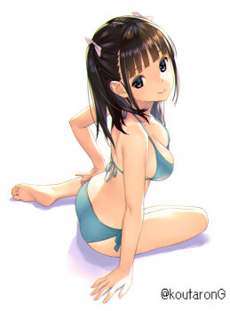 1girl ass bare_arms bare_legs bare_shoulders barefoot bikini black_hair blue_bikini blue_ribbon blunt_bangs breasts cleavage closed_mouth commentary_request feet from_above full_body green_eyes hair_ribbon halterneck koutaro long_hair looking_at_viewer looking_up medium_breasts original ribbon side-tie_bikini_bottom simple_background sitting smile soles solo string_bikini swimsuit toes twitter_username two_side_up white_background white_ribbon