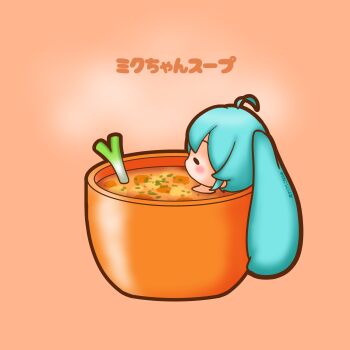 1girl absurdres ahoge aqua_hair bathing bowl chibi chibi_only closed_eyes commentary_request food from_side hatsune_miku highres in_food long_hair sh1n_chan solo soup spring_onion twintails vocaloid