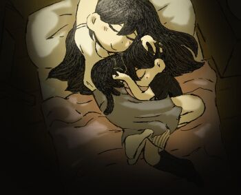 Rule 34 | 1boy, 1girl, little brother, long hair, mari (omori), older sister, omori, short hair, siblings, sleeping, sunny (omori), teenage girl and younger boy