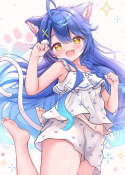 1girl absurdres ahoge amamiya_kokoro animal_ear_fluff animal_ears barefoot blue_hair blush bow breasts cat_ears cat_tail cleavage cloud_hair_ornament collarbone fang hair_between_eyes hair_ornament hands_up heart highres jumping long_hair looking_at_viewer matcha_november navel nijisanji pajamas paw_print sidelocks simple_background skin_fang small_breasts solo star_(symbol) tail very_long_hair virtual_youtuber white_tail yellow_eyes