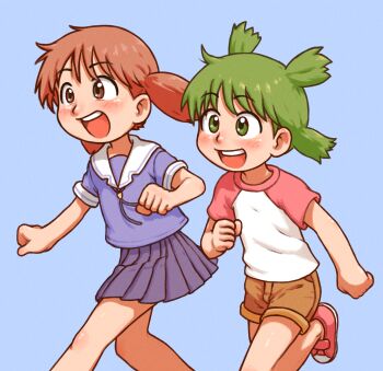 Rule 34 | 2girls, azumanga daiou, beachepisode, blue background, blush, brown eyes, brown hair, brown shorts, crossover, green hair, highres, koiwai yotsuba, mihama chiyo, multiple girls, open mouth, red shoes, school uniform, shirt, shoes, short hair, short sleeves, shorts, simple background, smile, sneakers, t-shirt, yotsubato!