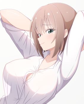 1girl arm_behind_head arms_up bang_dream! blush breasts brown_hair button_gap buttons cleavage closed_mouth collarbone collared_shirt commentary covered_erect_nipples dutch_angle green_eyes grey_background hair_between_eyes highres large_breasts light_blush light_smile looking_at_viewer no_eyewear raised_eyebrows ren_0_(044ren) see-through_silhouette shirt short_hair short_sleeves simple_background sleeves_pushed_up solo upper_body white_shirt yamato_maya