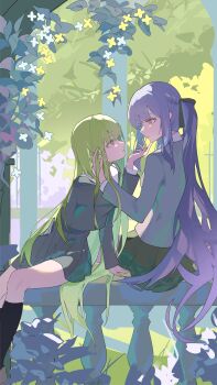 2girls absurdres bang_dream! bang_dream!_it&#039;s_mygo!!!!! black_ribbon blue_hair blue_shirt blue_skirt chinese_commentary closed_mouth commentary_request eye_contact flower green_hair green_skirt grey_jacket hair_ribbon hand_in_another&#039;s_hair hand_on_another&#039;s_chin haneoka_school_uniform highres jacket long_hair looking_at_another multiple_girls origami42169025 outdoors pleated_skirt ribbon school_uniform shirt sitting skirt togawa_sakiko tsukinomori_school_uniform two_side_up wakaba_mutsumi white_flower yellow_eyes yellow_flower