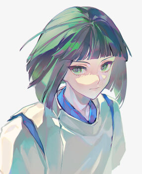 1boy blunt_bangs bob_cut commentary expressionless green_eyes green_hair haku_(sen_to_chihiro_no_kamikakushi) highres japanese_clothes kariginu looking_at_viewer lunar_(lunar_815) male_focus sen_to_chihiro_no_kamikakushi short_hair simple_background solo upper_body white_background