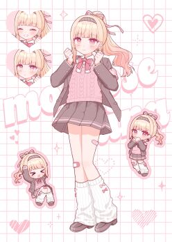 &gt;_&lt; 1girl armband ball_hands bandaid bandaid_on_finger bandaid_on_hand bandaid_on_knee bandaid_on_leg black_hairband black_jacket black_skirt blonde_hair blunt_bangs blush bow bowtie brown_shoes chibi closed_eyes closed_mouth commentary commission full_body grid_background grin hairband hands_up heart heart-shaped_pupils highres jacket long_hair long_sleeves loose_socks miniskirt multiple_views open_clothes open_jacket open_mouth original pink_sweater pleated_skirt ponytail re_eva red_bow red_bowtie red_eyes shoes skirt smile socks sparkle standing sweater symbol-only_commentary symbol-shaped_pupils white_background white_socks