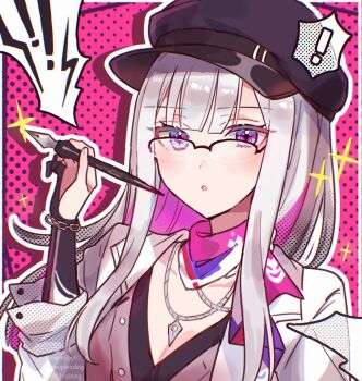 ! 1girl beret blunt_bangs colored_inner_hair commentary_request glasses gloves hat highres holding honkai:_star_rail honkai_(series) jacket jewelry long_hair multicolored_hair neckerchief necklace nib_pen_(object) nihilux_(honkai:_star_rail) parted_lips pen purple_eyes shirt sorimachi-doufu symbol-shaped_pupils white_hair