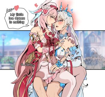 6+girls absurdres beret blue_eyes blue_nails blush breasts cleavage commentary dress earrings elysia_(hi_love_elf)_(honkai_impact) elysia_(honkai_impact) english_commentary english_text fu_hua gloves hat heart highres honkai_(series) honkai_impact_3rd jewelry kiana_kaslana kiana_kaslana_(ba-dum!_fiery_wishing_star) kiana_kaslana_(wintery_wishes) large_breasts multicolored_hair multiple_girls official_alternate_costume pink_hair purple_eyes raiden_mei single_glove sitting sitting_on_lap sitting_on_person speech_bubble sweat thighhighs tiara tongue tongue_out twitter_username two-tone_hair white_dress white_gloves white_hair white_thighhighs yuri zanqi