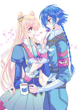 1boy 1girl belt blonde_hair blue_eyes blue_hair blue_necktie blue_pants blush braid cake cake_slice code_geass code_geass:_boukoku_no_akito couple cup food fork hair_bun heart hetero hkfezd holding holding_cup holding_fork holding_plate hyuuga_akito leila_malcal long_hair military_uniform necktie pants plate purple_eyes scarf simple_background skirt twitter_username upper_body white_scarf white_sleeves
