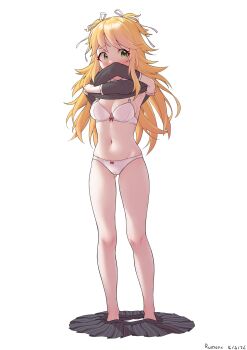 Rule 34 | absurdres, bare legs, blonde hair, bra, green eyes, hair ribbon, highres, legs, ninon (princess connect!), ninon (real) (princess connect!), panties, princess connect!, ribbon, ruinone, school uniform, stomach, underwear, undressing