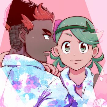 1boy 1girl alternate_costume black_hair blue_shirt commentary_request dark-skinned_male dark_skin gekiyasu_0621 green_eyes green_hair hand_on_another's_shoulder highres kiawe_(pokemon) looking_at_viewer mallow_(pokemon) multicolored_hair nintendo pink_background pokemon pokemon_sm red_hair shirt two-tone_hair upper_body
