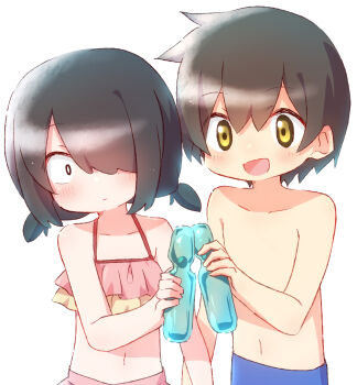 1boy 1girl :d bikini black_eyes black_hair blue_male_swimwear blue_swim_trunks blush bottle brown_eyes brown_hair frilled_bikini frills hair_over_one_eye highres holding holding_bottle jijou_wo_shiranai_tenkousei_ga_guigui_kuru. male_swimwear navel nishimura_akane nyaa_(nnekoron) open_mouth outdoors pink_bikini ramune sharing short_hair short_twintails simple_background sketch smile swim_trunks swimsuit takada_taiyou topless_male twintails white_background