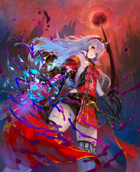 1girl absurdres armlet arnas_(yoru_no_nai_kuni) belt breasts detached_sleeves female_focus gloves goggles goggles_on_head gust highres jewelry long_hair looking_at_viewer official_art official_wallpaper sideboob silver_hair solo sword weapon yoru_no_nai_kuni yoshiku_(oden-usagi)
