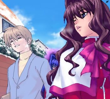 Rule 34 | 1boy, 2girls, aizawa yuuichi, blue eyes, blue hair, bow, brown eyes, brown hair, day, closed eyes, glowing, hair intakes, kanon, kitagawa jun, long hair, long sleeves, lowres, minase nayuki, misaka kaori, multiple girls, oekaki, outdoors, pink bow, purple hair, school uniform, serafuku, smile, yandere, zen