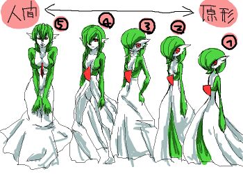 1girl breasts chart cleavage covered_erect_nipples creature_and_personification evolution gardevoir gen_3_pokemon green_eyes green_hair medium_breasts moemon multiple_views nintendo oekaki personification pokemon pokemon_(creature) red_eyes sirnight smile