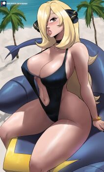 1girl beach blonde_hair blush breasts center_opening clothing_cutout coconut_tree curvy cynthia_(pokemon) echo_saber garchomp gen_4_pokemon hair_over_one_eye highres image_sample large_breasts looking_at_viewer md5_mismatch navel navel_cutout nintendo ocean outdoors palm_tree pokemon pokemon_(creature) pokemon_dppt resolution_mismatch revealing_clothes sand sitting solo source_larger swimsuit tail tree twitter_sample wide_hips wristband