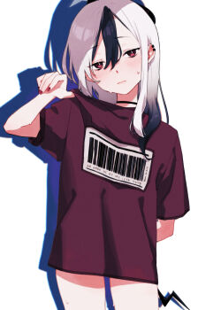 1girl absurdres alternate_costume alternate_hairstyle arm_behind_back barcode black_choker black_hair black_horns black_wings blue_archive blush casual choker closed_mouth clothes_pull commentary_request cowboy_shot demon_girl demon_horns demon_wings drop_shadow gradient_hair grey_halo hair_between_eyes hair_down halo hand_up highres horns hot kayoko_(blue_archive) kisaka long_hair looking_at_viewer low_wings multicolored_hair nail_polish pulling_own_clothes red_eyes red_nails red_shirt shirt shirt_pull short_sleeves simple_background single_wing solo sweat two-tone_hair white_background white_hair wings