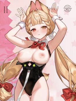 1girl alice_thymefield animal_ears armpits black_leotard blonde_hair blunt_bangs breasts breasts_out commentary_request heterochromia large_breasts leotard long_hair looking_at_viewer nipples playboy_bunny rabbit_ears rabbit_girl rabbit_pose rabbit_tail red_eyes smilesmile1312 solo tail thighs two-tone_background very_long_hair wrist_cuffs yellow_eyes zenless_zone_zero