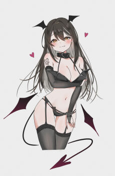 1girl absurdres arm_tattoo arm_under_breasts black_choker black_gloves black_hair black_thighhighs blush breasts choker cleavage demon_girl demon_horns demon_wings elbow_gloves garter_belt garter_straps gloves grey_background ham_(hamparty) highres horns large_breasts looking_at_viewer original simple_background smile solo tattoo thighhighs thighs wings yellow_eyes