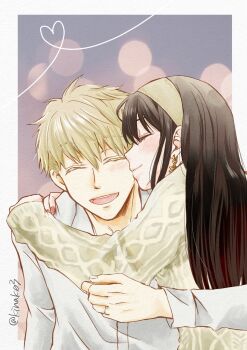 1boy 1girl arms_around_neck black_hair blonde_hair blush border cable_knit closed_mouth couple earrings gold_earrings hair_between_eyes hetero highres jewelry kinak03 knit_sweater light_blush long_hair nail_polish open_mouth pink_nails ring shirt short_hair smile spy_x_family twilight_(spy_x_family) twitter_username upper_body wedding_ring white_border white_shirt yor_briar