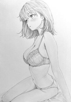 1girl absurdres arm_support blush bra breasts cleavage commentary_request expressionless from_side graphite_(medium) greyscale highres large_breasts lensia medium_hair monochrome navel original panties parted_lips sitting solo stomach traditional_media underwear underwear_only