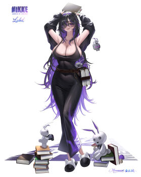 1girl absurdres animal_slippers arms_up belt black_dress black_hair black_sweater book breasts brown_belt character_name cleavage colored_sclera copyright_name dress full_body glasses goddess_of_victory:_nikke highres huge_breasts label_(nikke) long_hair looking_at_viewer memenmori mole mole_on_breast multicolored_hair purple_eyes purple_hair simple_background skull slippers solo stuffed_animal stuffed_toy sweater two-tone_hair very_long_hair white_background