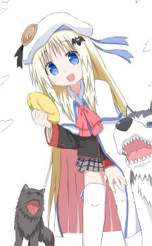Rule 34 | 1girl, absurdres, bat hair ornament, blue eyes, commentary, cynical (llcbluckg c004), dog, fang, frisbee, hair ornament, hat, highres, holding, little busters!, long hair, looking at viewer, noumi kudryavka, open mouth, plaid clothes, plaid skirt, red ribbon, ribbon, sharp teeth, skin fang, skirt, teeth, thighhighs, white background, white hat, white thighhighs