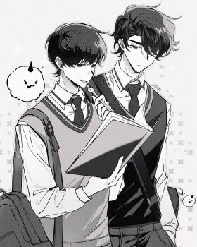 2boys aged_down backpack bag biyoo_(omniscient_reader&#039;s_viewpoint) book collared_shirt curtained_hair greyscale hair_over_one_eye hands_in_pockets highres holding holding_book holding_pen kim_dokja looking_at_another monochrome multiple_boys necktie oldest_dream omniscient_reader&#039;s_viewpoint open_book pen shirt short_hair shoulder_bag twle vest yoo_joonghyuk