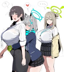 ... 3girls ? ^_^ absurdres animal_ears aqua_scarf aroused black_bra black_skirt blazer blue_archive blue_jacket blush bra bra_visible_through_clothes breasts brown_hair cardigan cardigan_partially_removed closed_eyes commentary_request cross_hair_ornament doodle_sensei_(blue_archive) dry_humping extra_ears feet_out_of_frame female_sensei_(blue_archive) female_sensei_(blue_archive)_(xipa) gloves green_gloves grey_hair hair_bun hair_ornament halo heart highres hug hug_from_behind huge_breasts humping jacket lanyard long_braid long_hair looking_at_another medium_hair multiple_girls nervous_smile nervous_sweating nonomi_(blue_archive) nose_blush paper_on_head pencil_skirt plaid_clothes plaid_skirt pleated_skirt pussy_juice scarf school_uniform sensei_(blue_archive) shiroko_(blue_archive) shirt shirt_tucked_in simple_background single_side_bun skirt smile spoken_ellipsis spoken_heart spoken_question_mark sweat tented_shirt underwear very_long_hair white_background white_shirt wolf_ears xipa yellow_cardigan yuri