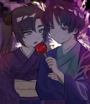 1boy 1girl alternate_costume asymmetrical_bangs black_bow blue_haori blue_kimono blunt_bangs blunt_ends bow candy_apple clenched_hand closed_mouth commentary commission curtained_hair english_commentary eyelashes feeding fingernails fireworks food friesnbrewski genshin_impact hair_between_eyes hair_bow hair_intakes hand_on_another's_arm hand_up haori hetero highres holding holding_candy_apple holding_food japanese_clothes kimono long_hair looking_at_food mona_(genshin_impact) obi obiage obijime open_mouth parted_bangs purple_eyes purple_hair purple_kimono sash scaramouche_(genshin_impact) second-party_source sidelocks smile teeth tsurime twintails upper_teeth_only wispy_bangs yukata