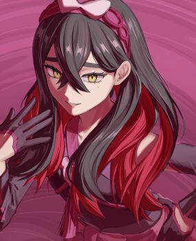 1girl black_gloves bow_hairband carmine_(pokemon) carmine_(sygna_suit)_(pokemon) colored_inner_hair crossed_bangs detached_sleeves gloves hair_between_eyes hairband hand_on_own_hip highres japanese_clothes kimono long_hair looking_at_viewer mint_pk mole mole_under_eye multicolored_hair nintendo official_alternate_costume parted_lips pink_hairband pokemon pokemon_masters_ex smile solo two-tone_hair upper_body yellow_eyes