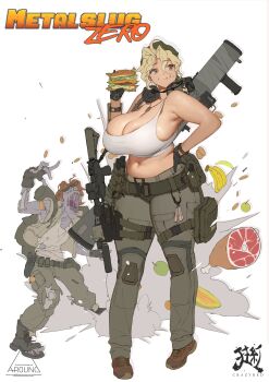 Rule 34 | 1girl, absurdres, ammunition pouch, artist name, assault rifle, banana, bandana, bare shoulders, belt, black gloves, blonde hair, blush, breasts, brown eyes, burger, chewing, cleavage, copyright name, crazyred, crop top, curvy, dog tags, ear protection, eating, food, fruit, full body, gloves, green bandana, green pants, gun, hand on own hip, highres, holding, holding burger, holding food, huge breasts, kasamoto eri, looking to the side, meat, metal slug, multiple belts, navel, open mouth, pants, pouch, rifle, rocket launcher, simple background, tank top, thigh pouch, weapon, white background, white tank top, zombie