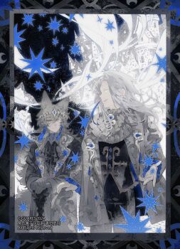 2boys animal_ears ascot fox_ears guares404 highres limited_palette long_hair looking_at_another multiple_boys original painting_(medium) robe spot_color star_(symbol) surreal traditional_media watercolor_(medium)