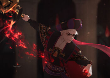 1boy absurdres bell blurry blurry_background casting_spell clenched_teeth commentary_request green_eyes hat highres holding holding_staff looking_ahead magic male_focus outstretched_arm rollo_flamme roro_(haru_roro2) short_hair solo staff striped_hat teeth tricorne twisted_wonderland twitter_username white_hair