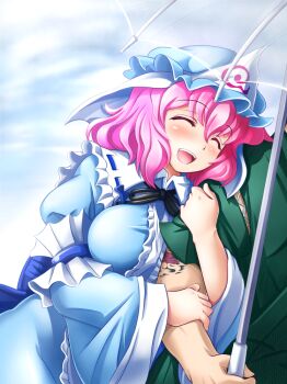 1girl :d artist_self-insert bad_id bad_pixiv_id breasts closed_eyes female_focus hat large_breasts open_mouth pink_hair saigyouji_yuyuko shin'en-san_(shin'en) shin'en_(gyokuro_company) short_hair smile solo solo_focus tattoo touhou umbrella